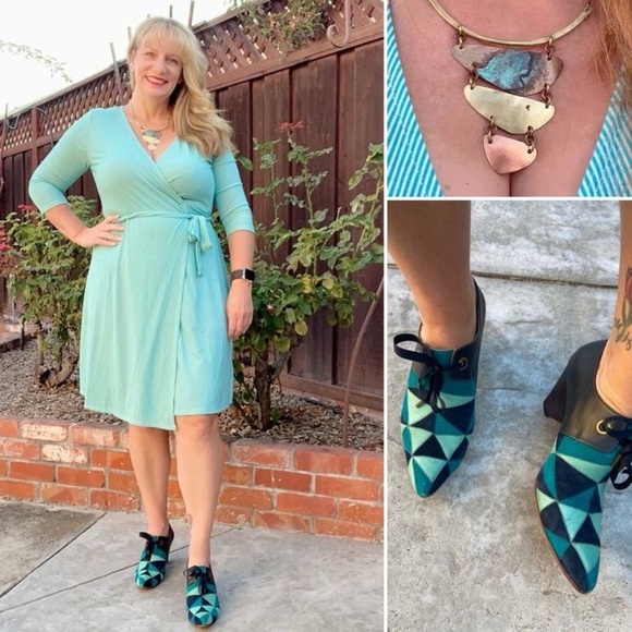 Lularoe Michelle teal Mini Stripe Wrap Dress M - Picture 1 of 4